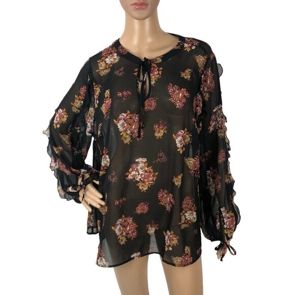 ModCloth Sheer Boho Floral Print Blouse Top Size 1X Lightweight Chiffon Tie Neck - Picture 1 of 6